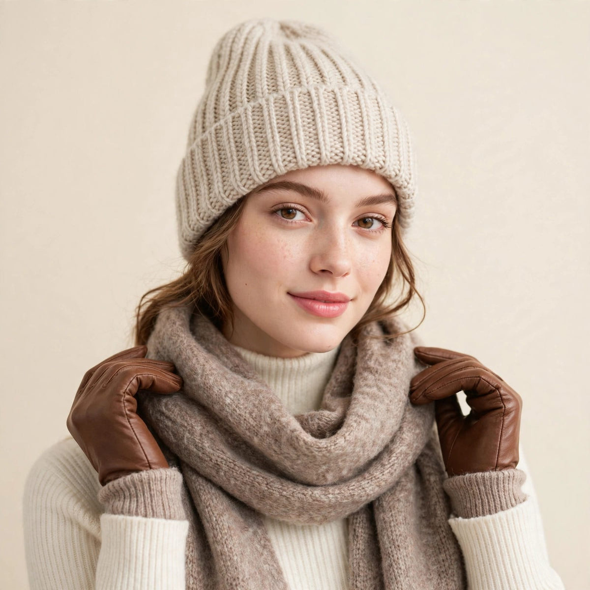 Girl wearing wool cap with knitted arm warmers